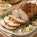 Saftige Putenbrust aus dem Backofen mit goldbrauner Kruste, serviert mit Ofenkartoffeln und Gemüse auf rustikalem Holztisch