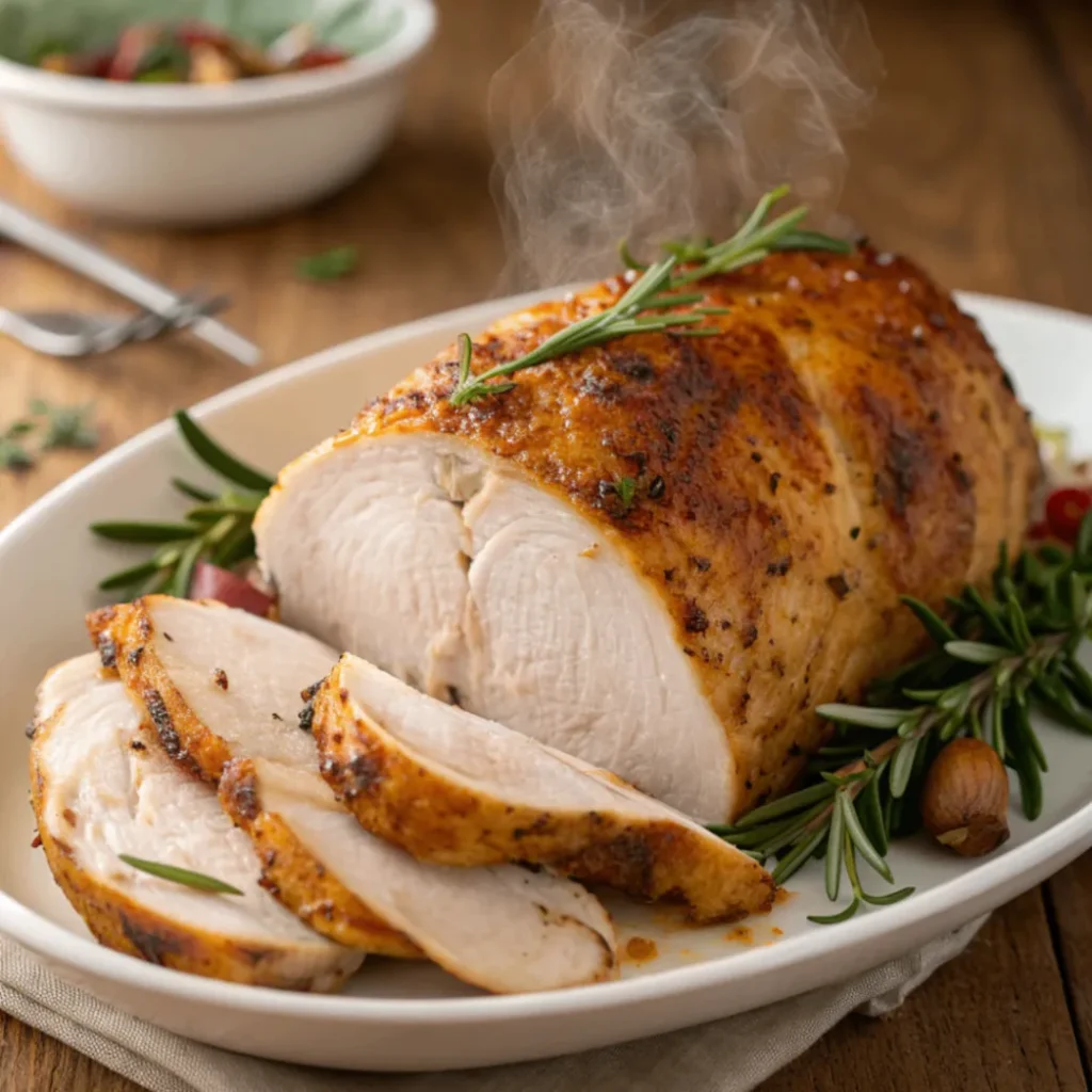 Saftige Putenbrust aus dem Backofen mit goldbrauner Kruste, serviert mit Ofenkartoffeln und Gemüse auf rustikalem Holztisch