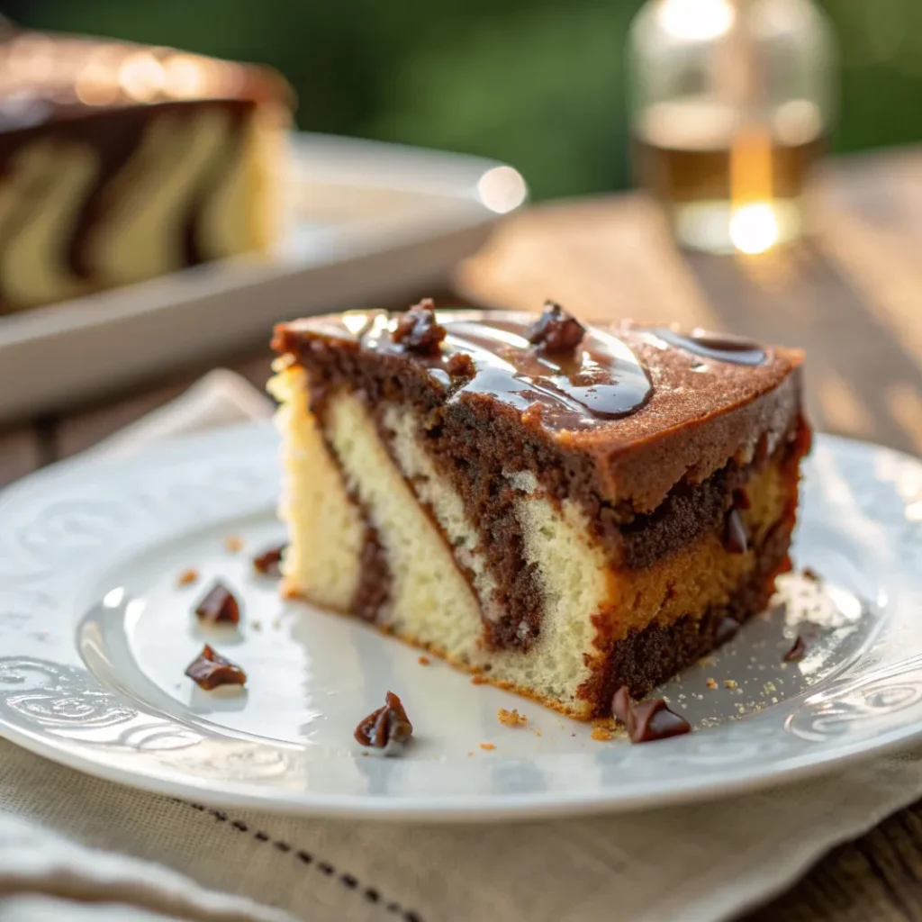 Frisch gebackener Marmorkuchen mit Öl, mit schöner Vanille-Schokoladen-Marmorierung, auf einem Holztisch serviert