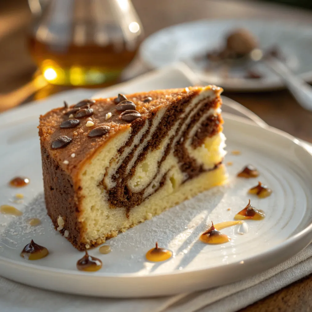 Frisch gebackener Marmorkuchen mit Öl, mit schöner Vanille-Schokoladen-Marmorierung, auf einem Holztisch serviert