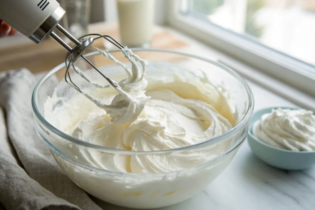 Frisch geschlagene Sahne mit luftiger Konsistenz für das Erdbeer-Parfait ohne Ei