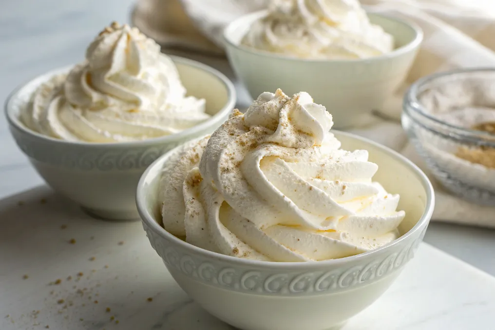 Schüsseln mit steif geschlagener Sahne und Vanillezucker