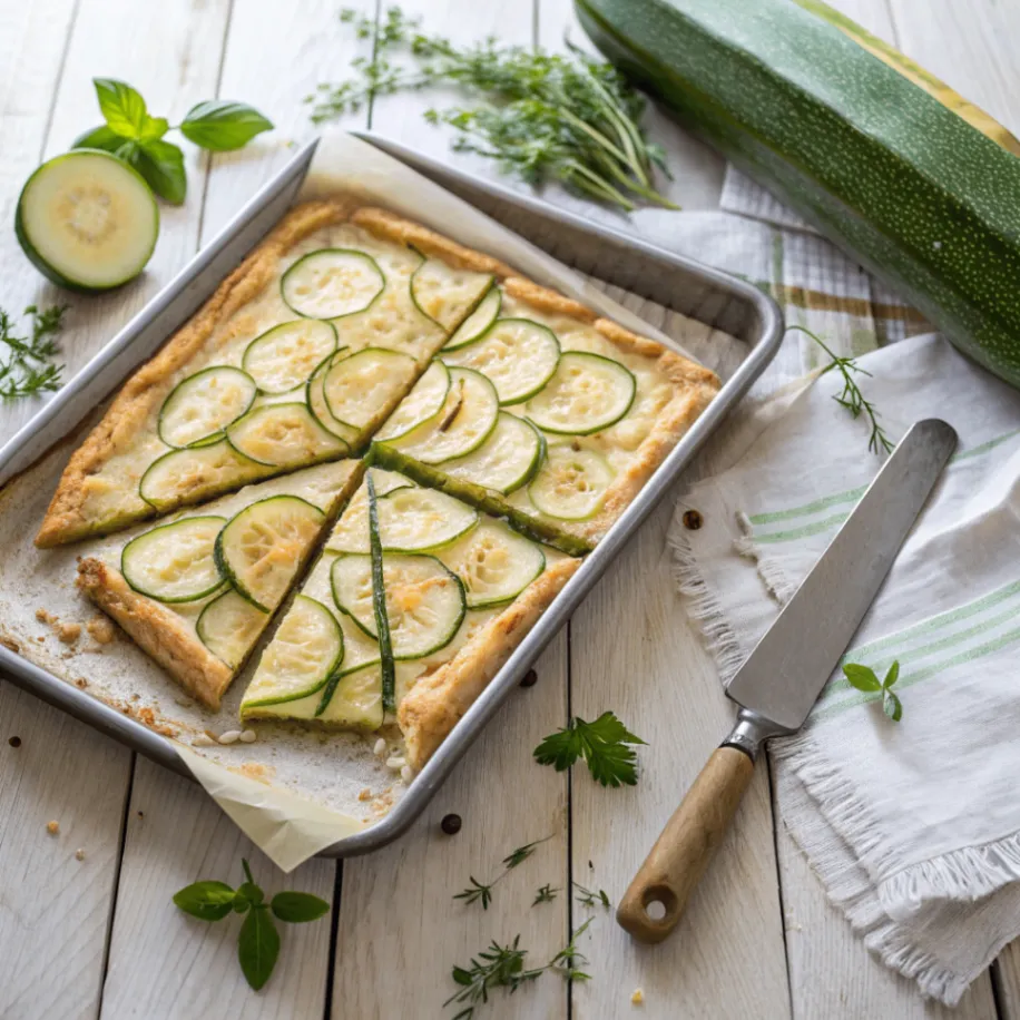 Scarpaccia di Zucchine frisch gebacken auf einem Blech mit dünnen Zucchinischeiben und goldbrauner Kruste.