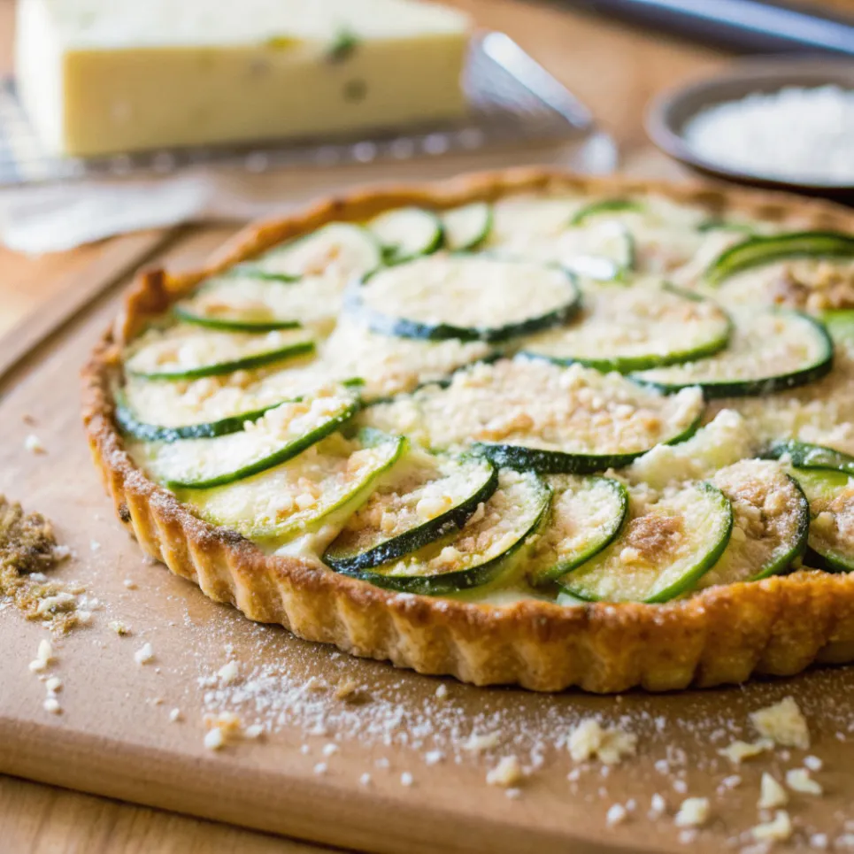 Scarpaccia di Zucchine frisch gebacken auf einem Blech mit dünnen Zucchinischeiben und goldbrauner Kruste
