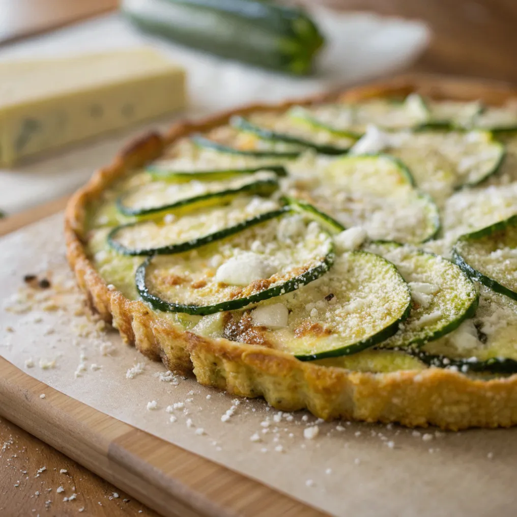 Scarpaccia di Zucchine frisch gebacken auf einem Blech mit dünnen Zucchinischeiben und goldbrauner Kruste