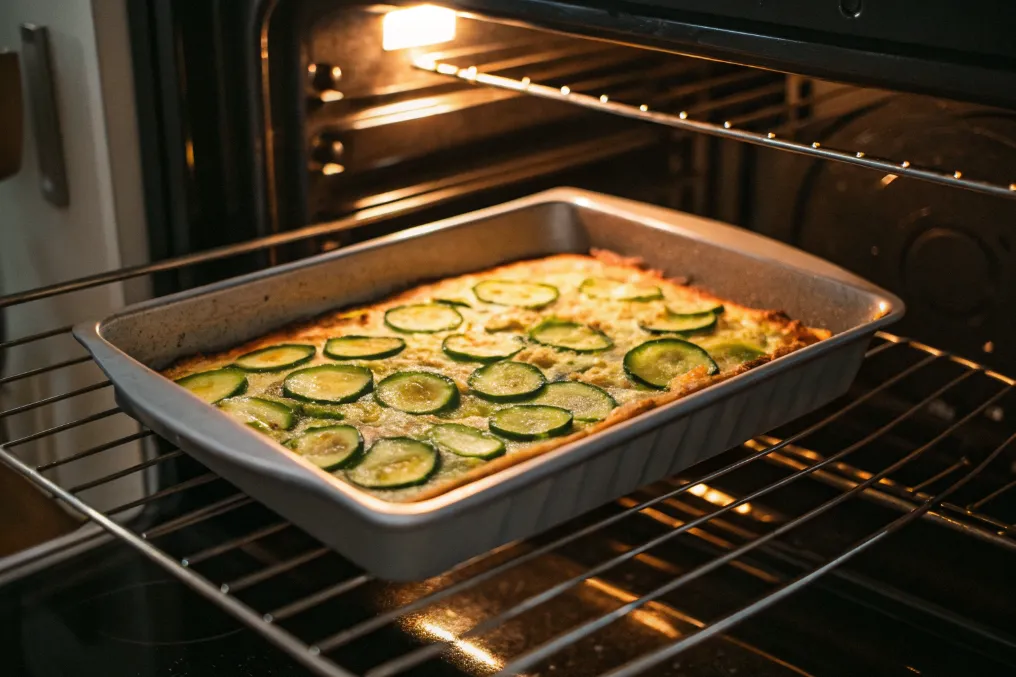 Scarpaccia di Zucchine im Ofen mit goldbraunen Rändern beim Backen