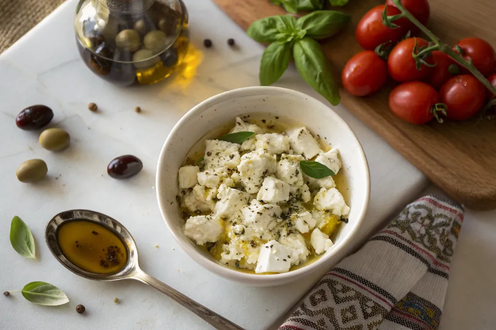 Schafskäse mit Kräutern, Knoblauch und Olivenöl für Blätterteigfüllung