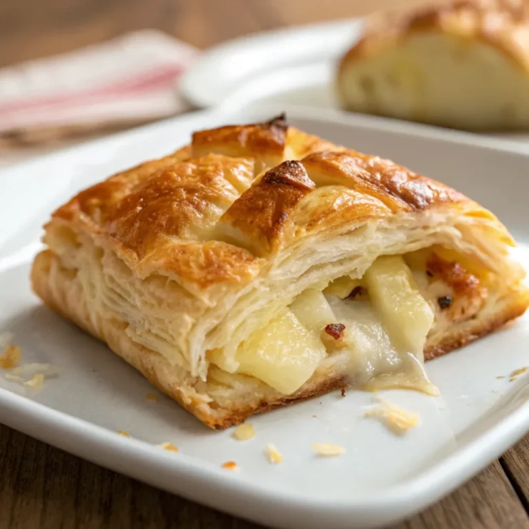 Knuspriger Blätterteig gefüllt mit cremigem Schafskäse, serviert mit frischen Kräutern und Dip