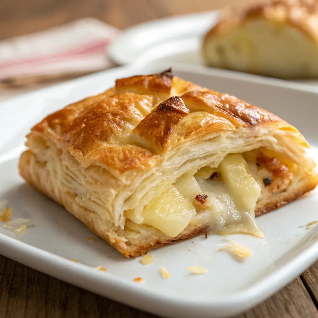 Knuspriger Blätterteig gefüllt mit cremigem Schafskäse, serviert mit frischen Kräutern und Dip