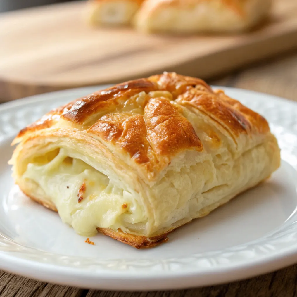 Knuspriger Blätterteig gefüllt mit cremigem Schafskäse, serviert mit frischen Kräutern und Dip