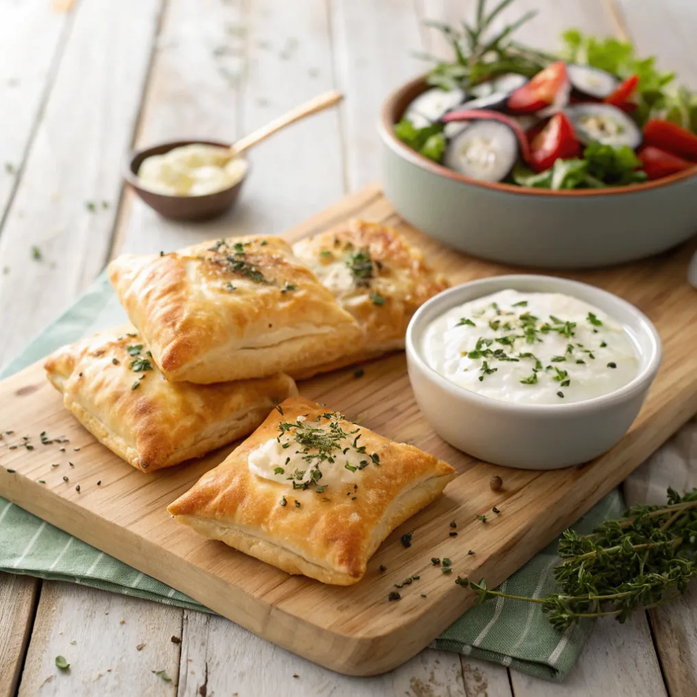Knuspriger Blätterteig gefüllt mit cremigem Schafskäse, serviert mit frischen Kräutern und Dip