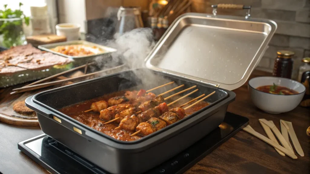 Schaschlikspieße schmoren in der würzigen Soße im Bräter für klassisches Schaschlik mit würziger Soße