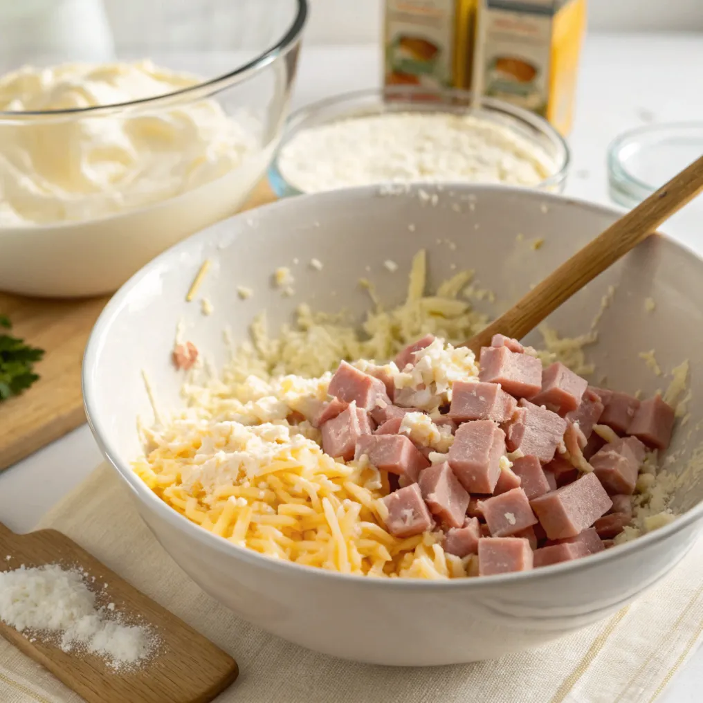 Cremige Schinken-Käse-Mischung in einer Schüssel