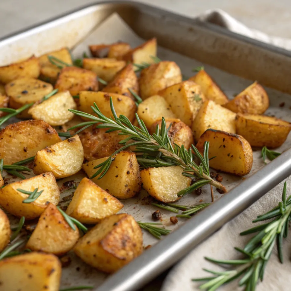 Knusprige schnelle Rosmarinkartoffeln vom Blech mit frischem Rosmarin und Olivenöl – einfaches Ofenrezept