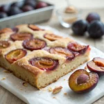 Frisch gebackener Schneller Pflaumenkuchen vom Blech mit Pflaumen, Streuseln und Mandelblättchen auf einem Holztablett