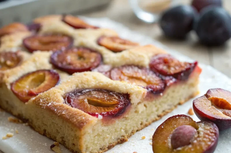 Frisch gebackener Schneller Pflaumenkuchen vom Blech mit Pflaumen, Streuseln und Mandelblättchen auf einem Holztablett