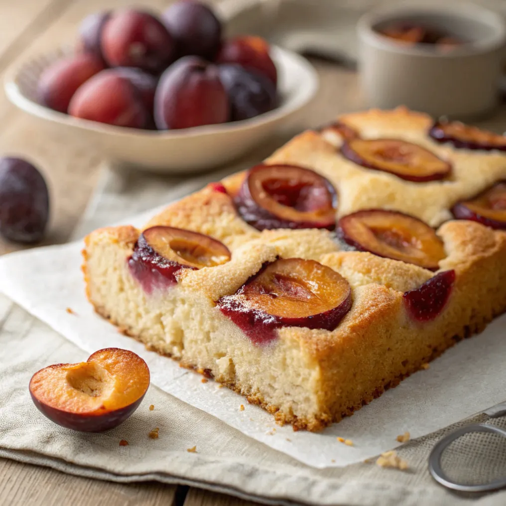 Frisch gebackener Schneller Pflaumenkuchen vom Blech mit Pflaumen, Streuseln und Mandelblättchen auf einem Holztablett
