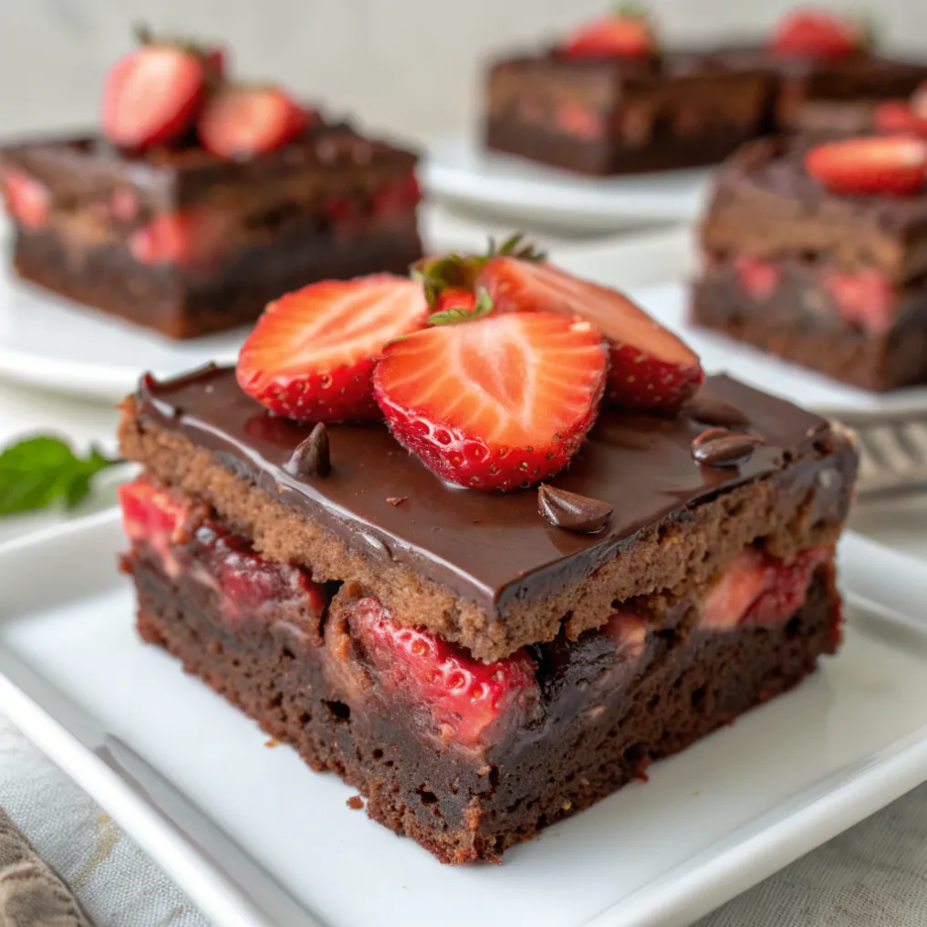 Saftige Schoko Erdbeer Brownies mit frischen Erdbeerstücken auf einem rustikalen Holztablett
