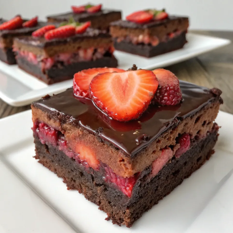 Saftige Schoko Erdbeer Brownies mit frischen Erdbeerstücken auf einem rustikalen Holztablett