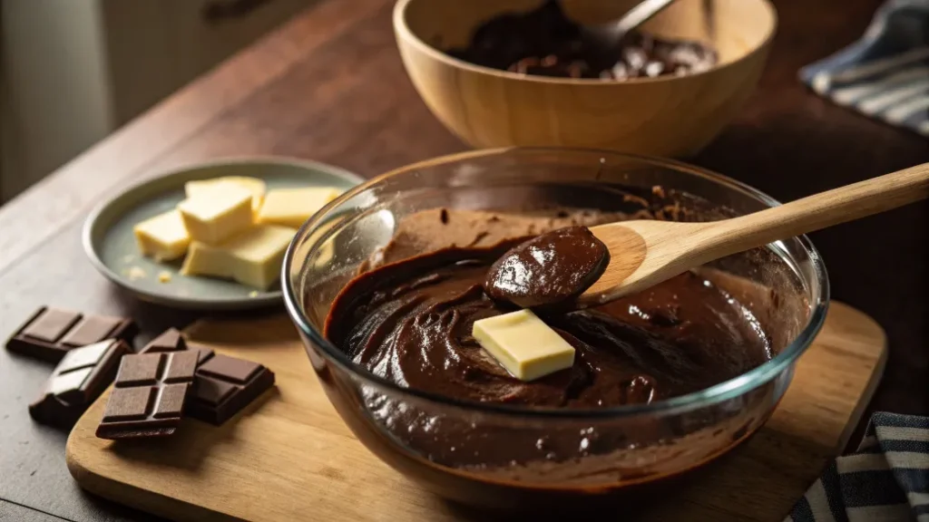 Schokolade und Butter werden über einem Wasserbad geschmolzen für Brownies