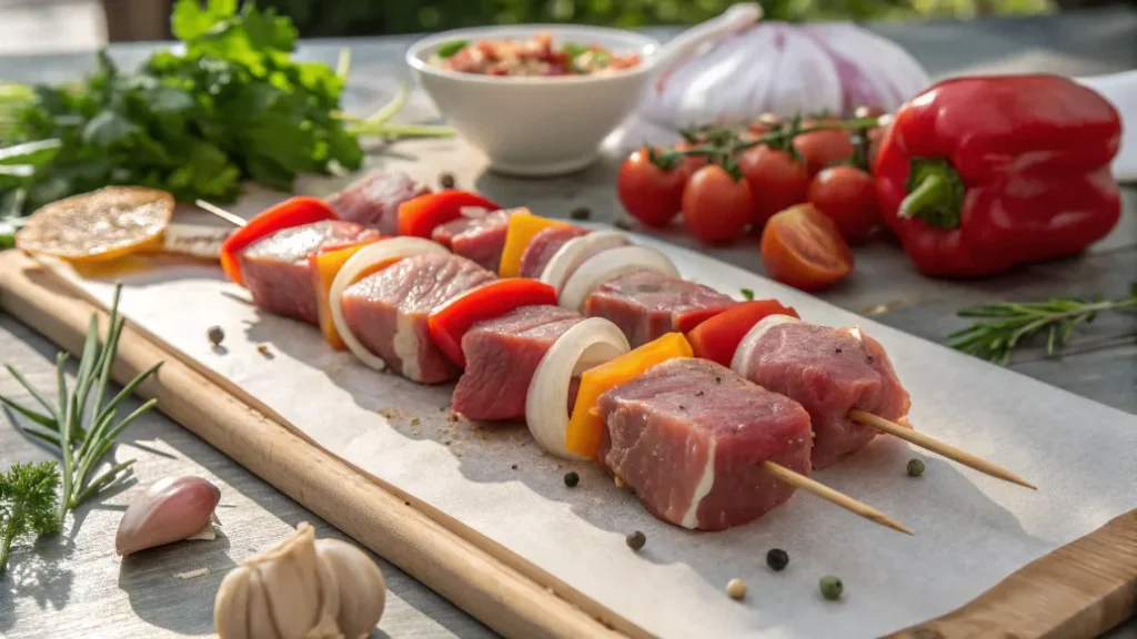 Schweinefiletstücke werden mit Gemüse abwechselnd auf Spieße gesteckt