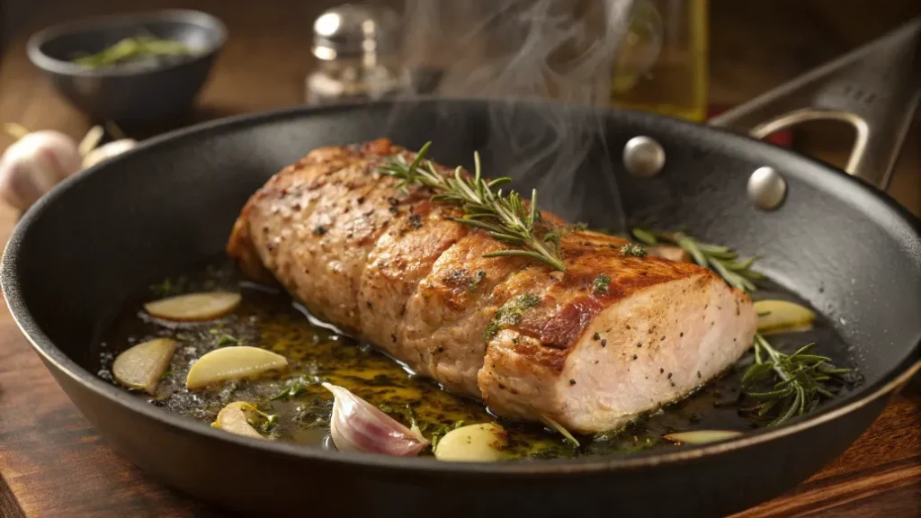 Schweinefilet am Stück wird in Pfanne angebraten, goldbraune Kruste entsteht.
