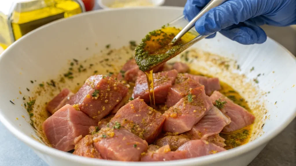 Schweinefiletstücke werden in einer würzigen Marinade für Schweinefilet-Spieße eingelegt