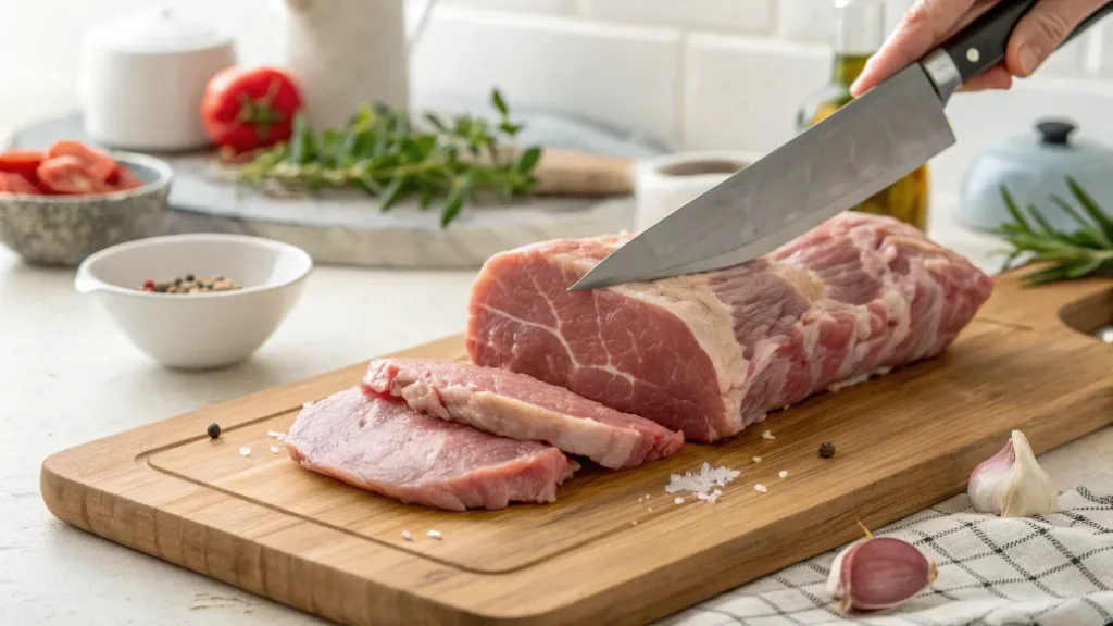 Rohes Schweinefilet am Stück auf Holzbrett, wird mit Messer von Sehnen befreit.