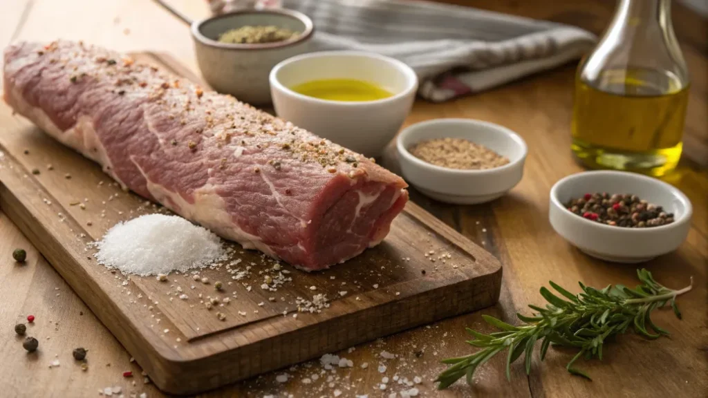 Schweinefilet am Stück mit Gewürzen eingerieben – Salz, Pfeffer, Paprika und Knoblauch.