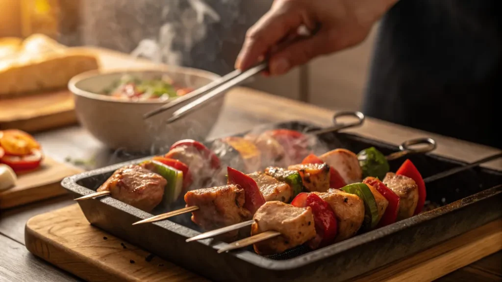 Schaschlikspieße in Pfanne beim scharfen Anbraten mit goldbrauner Kruste für klassisches Schaschlik mit würziger Soße