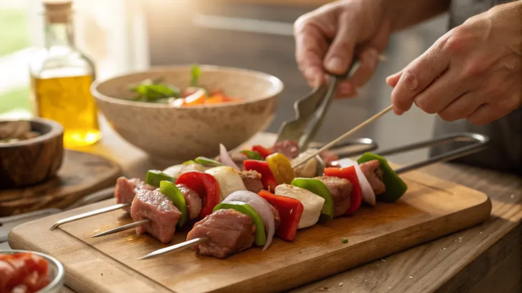 Hände stecken Fleisch, Paprika und Zwiebeln abwechselnd auf Spieße für klassisches Schaschlik mit würziger Soße
