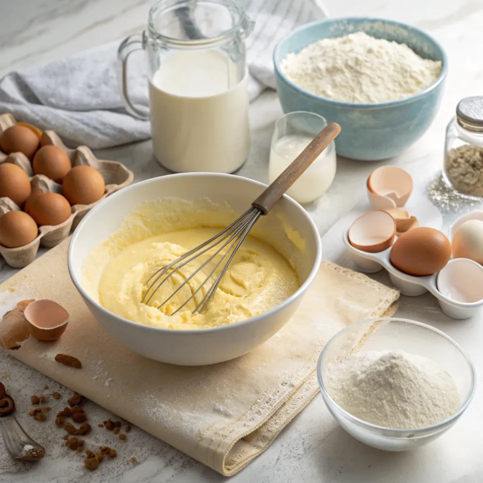 Butter-Ei-Mischung mit trockenen Zutaten zu Walnusskuchenteig verrührt
