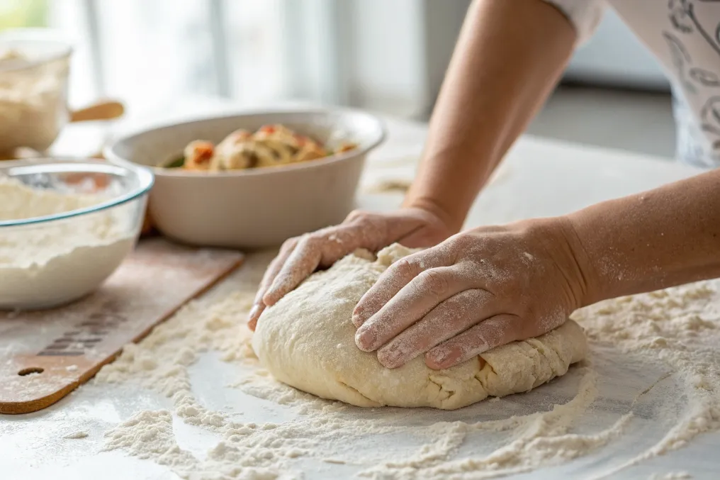Hände kneten Dinkelbrotteig auf bemehlter Fläche