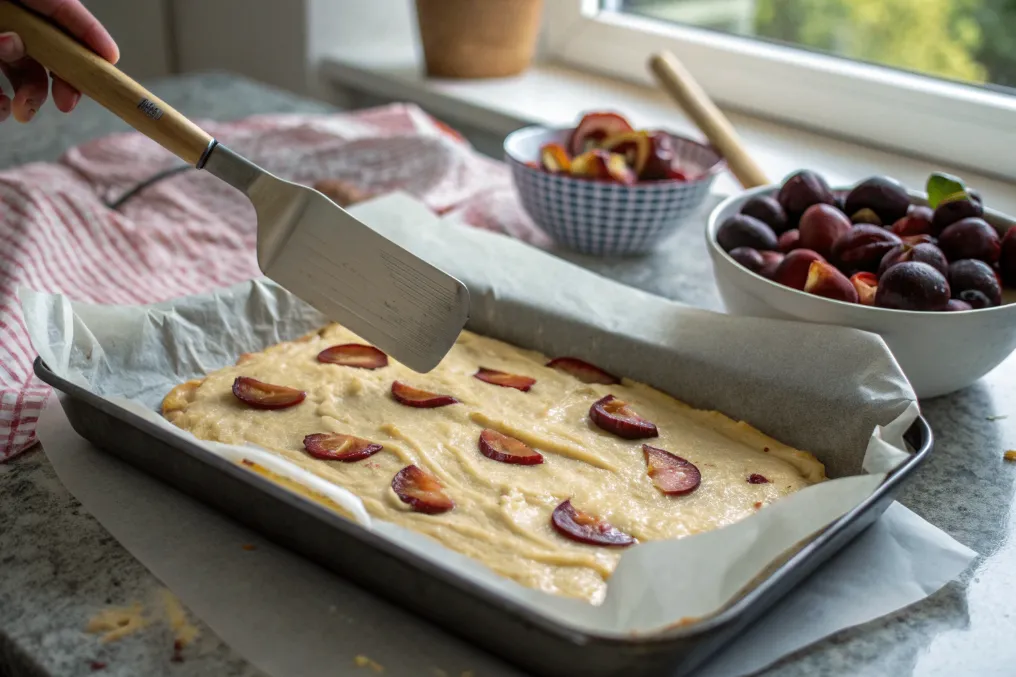 Teig auf dem Backblech verteilen, bereit für die Pflaumen