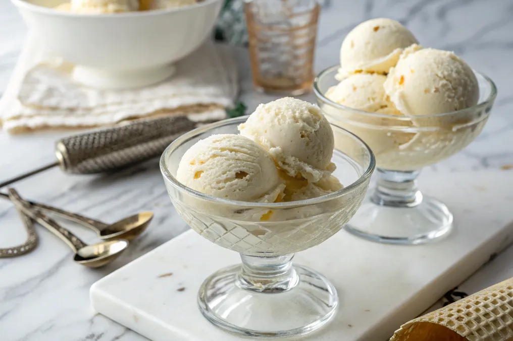 Kugeln Vanilleeis werden in Dessertschalen gefüllt für Heiße Himbeeren mit Vanilleeis