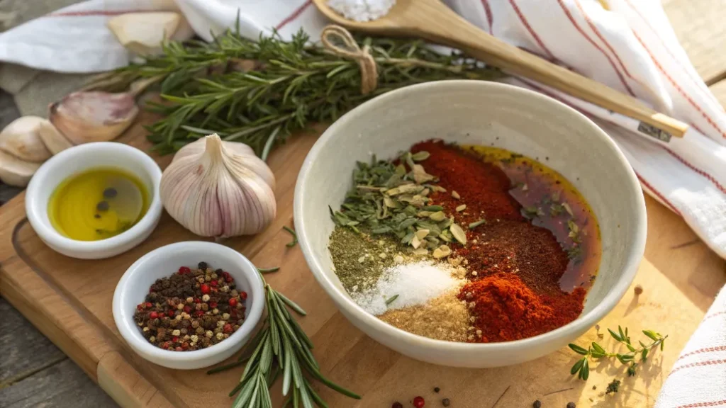 Marinade mit Knoblauch, Paprika und Kräutern wird für dicke Rippe angerührt