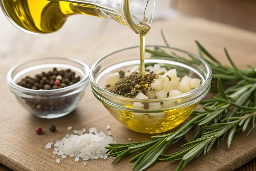 Olivenöl, Knoblauch und Rosmarin werden für Schnelle Rosmarinkartoffeln vom Blech gemischt