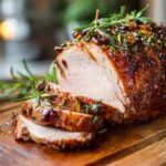 Saftiges Schweinefilet am Stück aus dem Ofen aufgeschnitten auf einem Teller mit Rosmarin und Knoblauch, perfekt gegart und goldbraun gebraten.