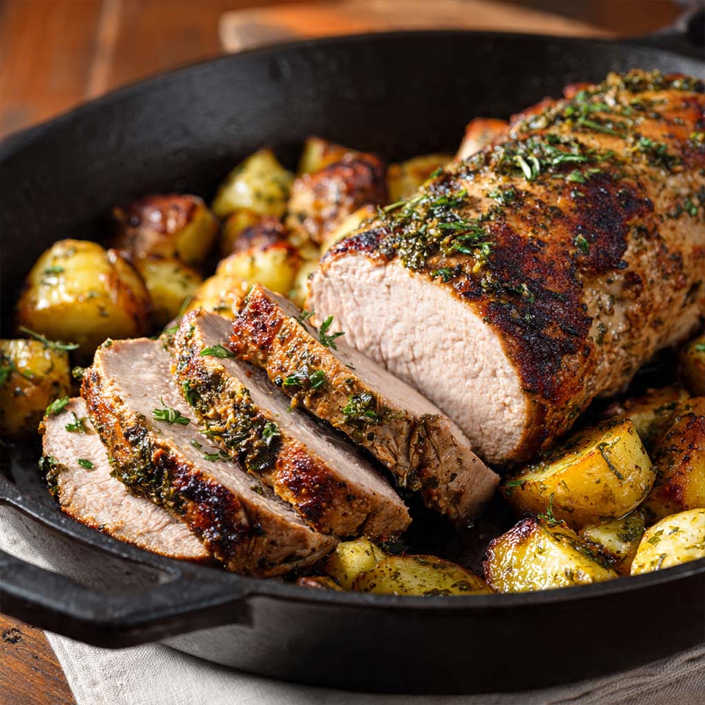 Saftiges Schweinefilet am Stück aus dem Ofen aufgeschnitten auf einem Teller mit Rosmarin und Knoblauch, perfekt gegart und goldbraun gebraten.