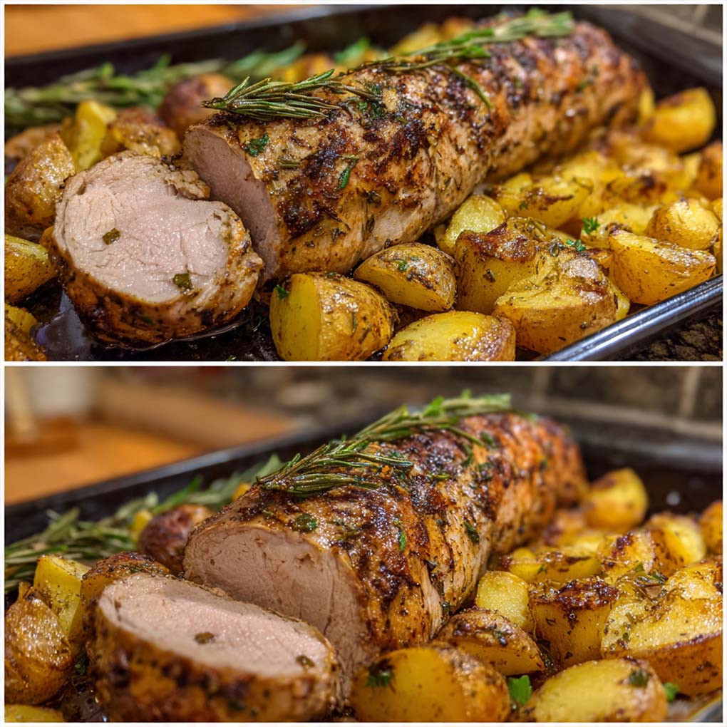 Saftiges Schweinefilet am Stück aus dem Ofen aufgeschnitten auf einem Teller mit Rosmarin und Knoblauch, perfekt gegart und goldbraun gebraten.