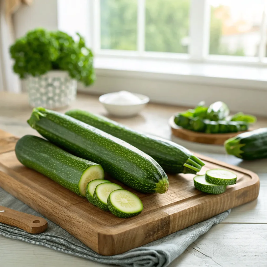 Frisch gewaschene Zucchini auf einem Schneidebrett, bereit zum Schneiden für gebackene panierte Zucchini aus dem Ofen