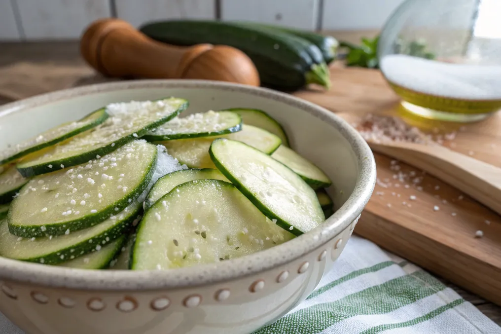 Gesalzene Zucchini in einer Schüssel zum Entwässern für Scarpaccia di Zucchine