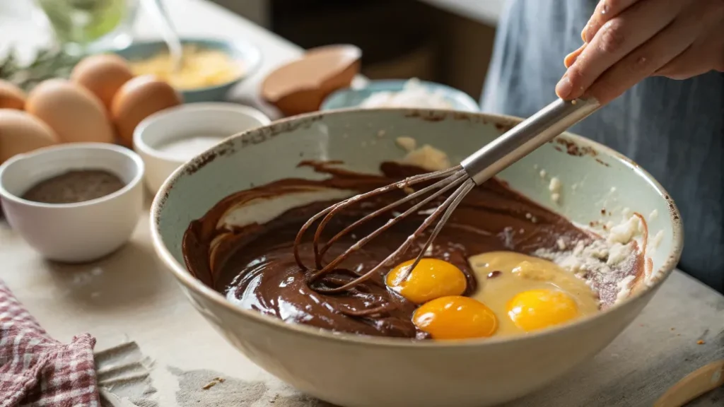 Zucker und Eier werden in geschmolzene Schokolade für Brownies gerührt