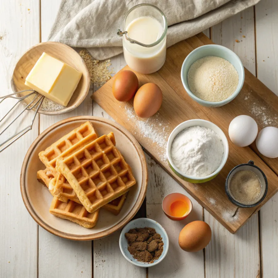 Frische Zutaten für Belgische Waffeln: Eier, Mehl, Zucker, Milch, Butter und Vanille