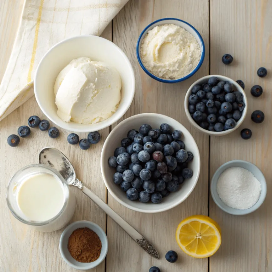 Alle Zutaten für hausgemachtes Blaubeereis: frische Blaubeeren, Sahne, Milch, Zucker, Vanille und Zitronensaft auf einem Holztablett