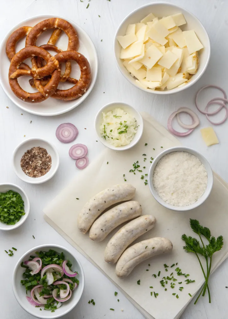Zutaten für Brezel Pizza mit Weißwurst mit Brezelteig, Weißwurstscheiben, Creme, Zwiebeln und Käse