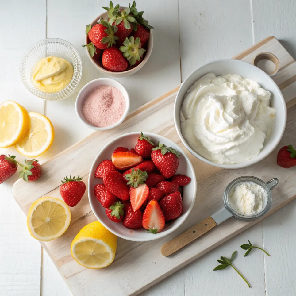 Frische Zutaten für ein einfaches Erdbeer-Parfait ohne Ei mit Erdbeeren, Sahne, Joghurt, Zucker und Vanille auf einem hellen Küchentisch