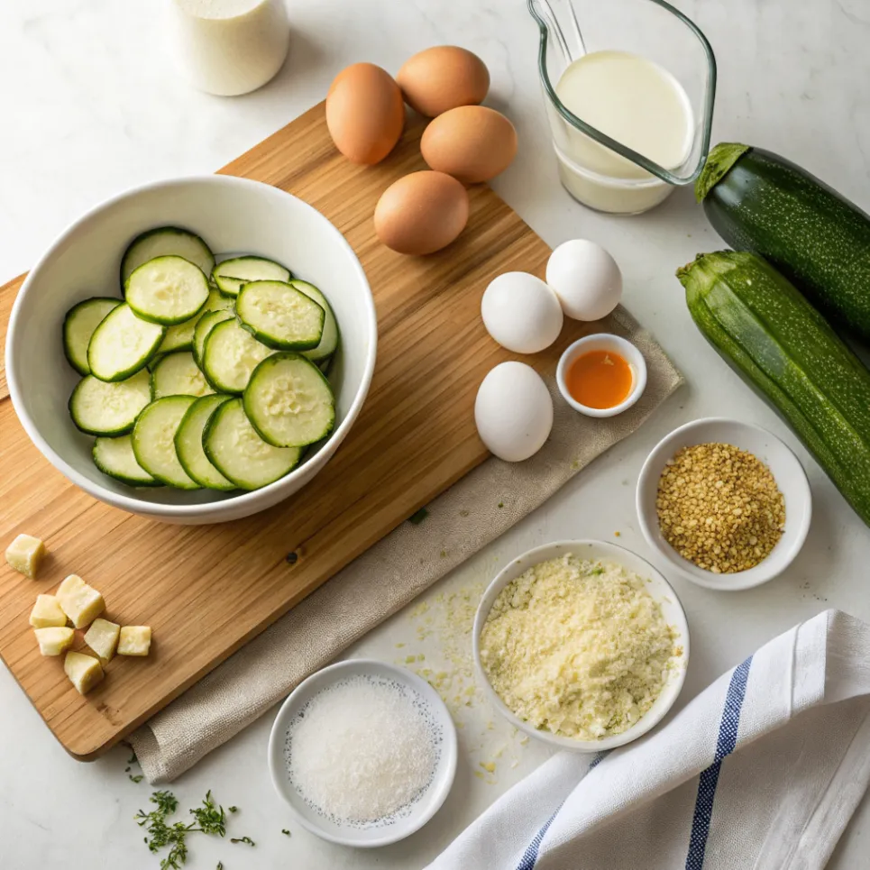 Alle Zutaten für gebackene panierte Zucchini aus dem Ofen auf einem Holzbrett, inklusive Zucchini, Eier, Paniermehl, Parmesan, Gewürze und Olivenöl