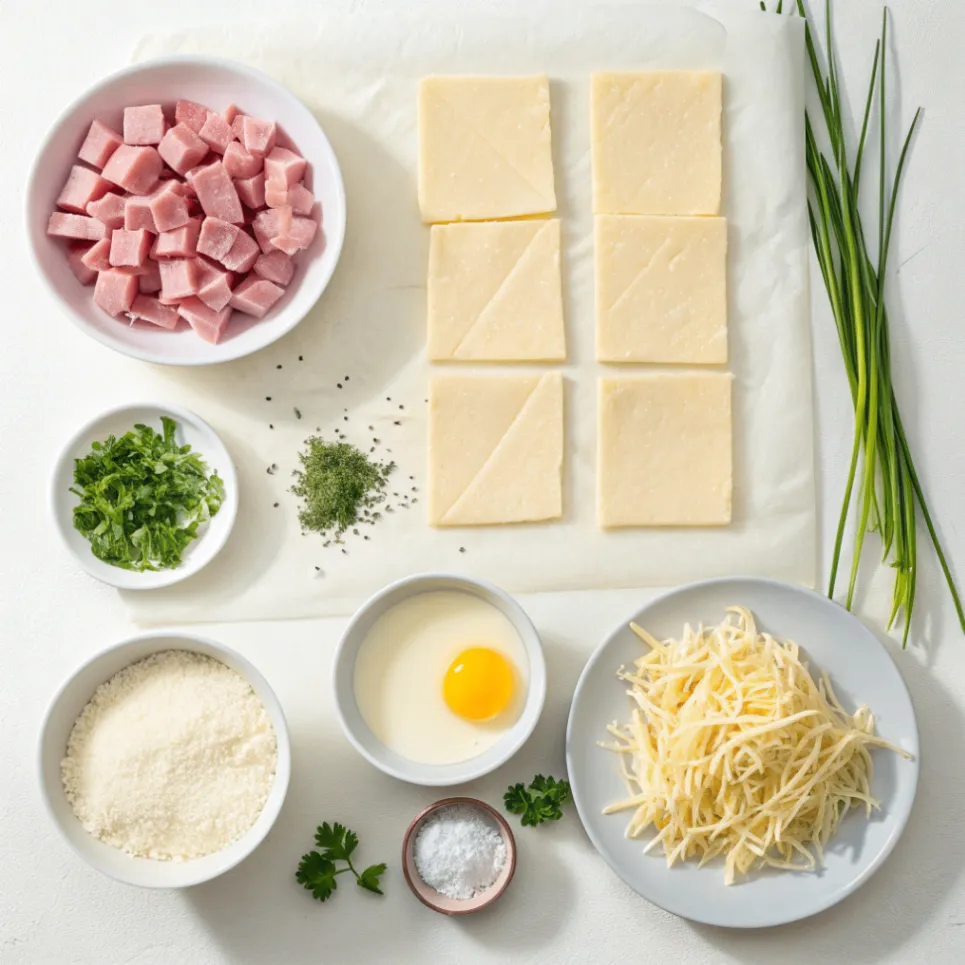 Zutaten für gefüllte Blätterteigtaschen mit Schinken-Käse, darunter Blätterteig, Schinkenwürfel, geriebener Käse, Frischkäse, Ei und Gewürze, sauber angeordnet als Flatlay.