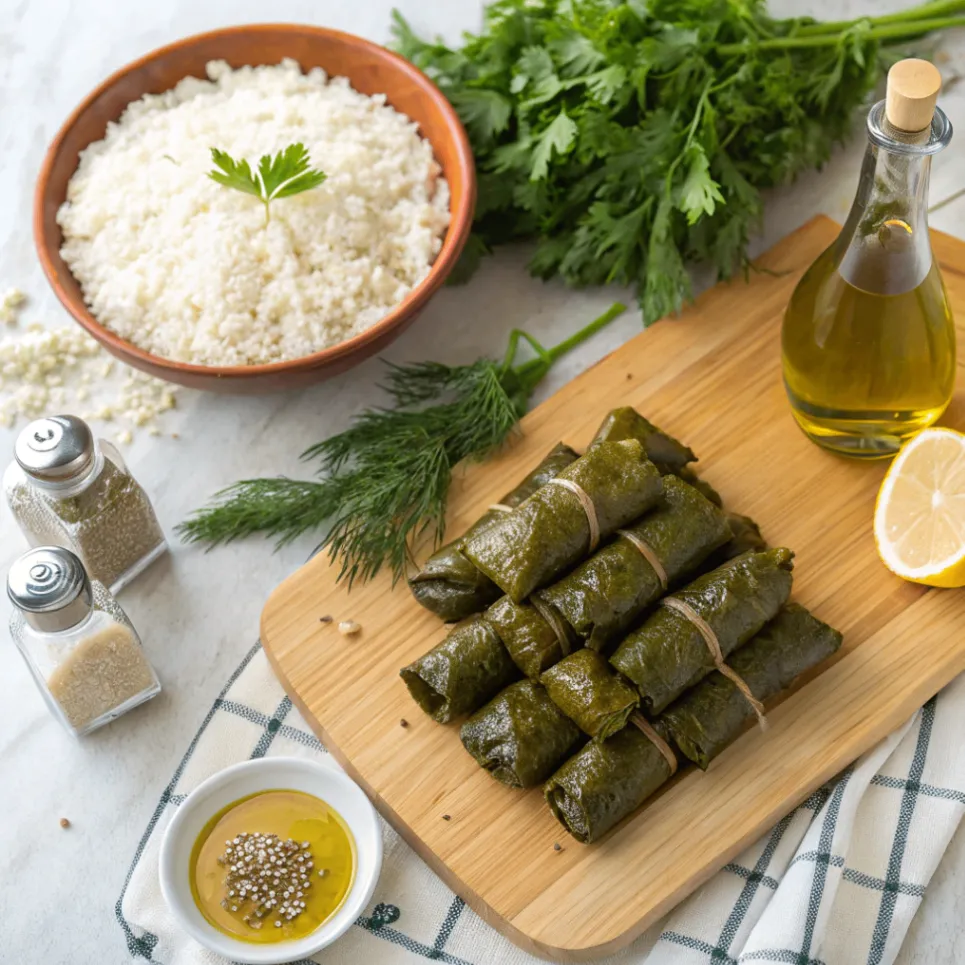 Alle Zutaten für Gefüllte Weinblätter mit Reis auf einem Holzbrett: Weinblätter, Reis, Petersilie, Dill, Zwiebeln, Zitronen und Olivenöl